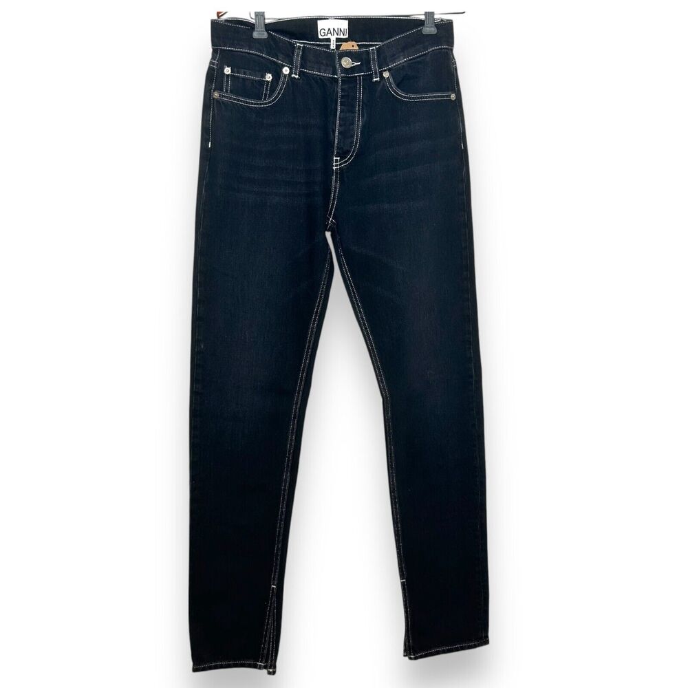 GANNI Sheldon Black Slit Hem Straight Leg Jeans Cotton Size 28 x32 Classic Denim - Picture 4 of 12
